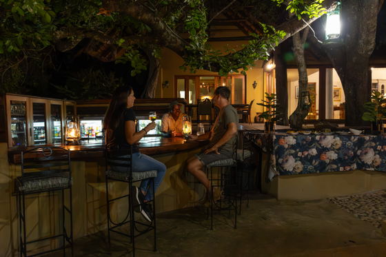 A couple enjoying an evening drink at the bar, Shimungwe Lodge, Thornybush Game Reserve A couple enjoying an evening drink at the bar, Shimungwe Lodge, Thornybush Game Reserve