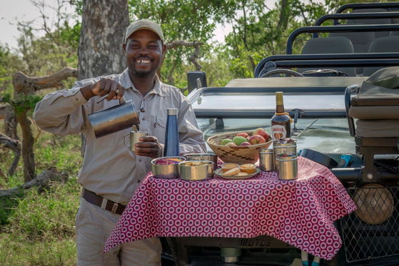 Ranger helping guests to coffee during a morning break on game drive, Shimungwe Lodge, Thornybush Game Reserve, Greater Kruger Ranger helping guests to coffee during a morning break on game drive, Shimungwe Lodge, Thornybush Game Reserve, Greater Kruger