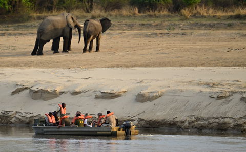 Tourists in a boat at Msandile River Lodge watching elephants playing