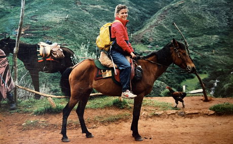 Caroline James on Basotho Pony during the recce 6 day Pony trek from Malealea Lodge Lesotho