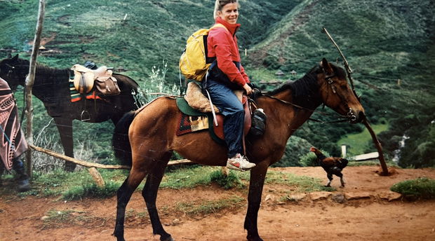 Caroline James on Basotho Pony during the recce 6 day Pony trek from Malealea Lodge Lesotho