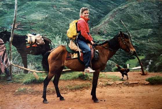 Caroline James on Basotho Pony during the recce 6 day Pony trek from Malealea Lodge Lesotho