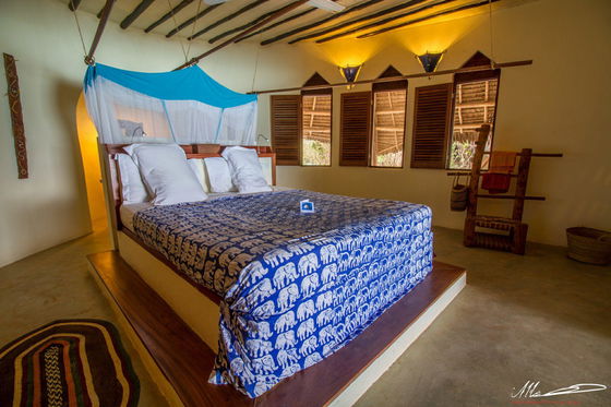Bedroom at Unguja Lodge Zanzibar with raised wooden platform bed draped in blue mosquito net and elephant-print blue-and-white bedspread, white pillows, row of wooden shuttered windows revealing thatched roof, rustic wooden ladder towel rack and concrete floor