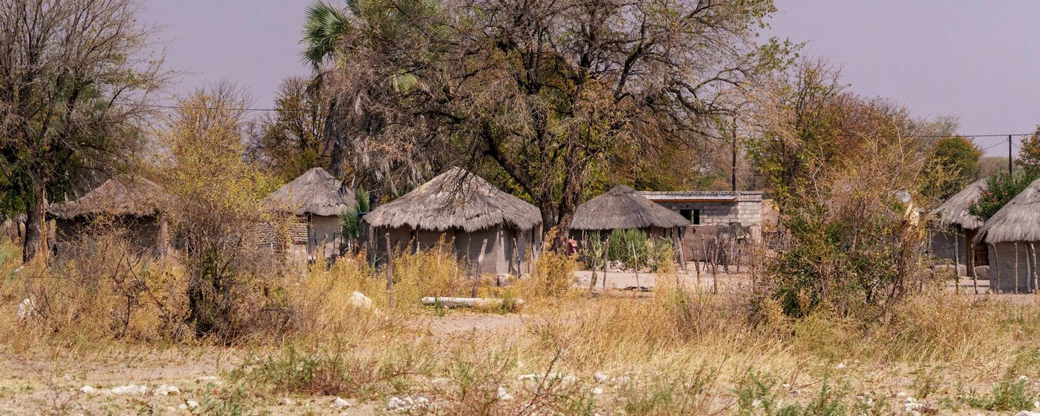 Traditionelles Dorf mit strohgedeckten Hütten in ländlichem Botswana