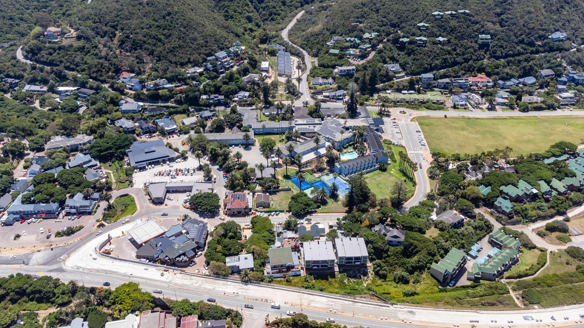Aerial view of holiday homes in Wilderness village on the Garden Route