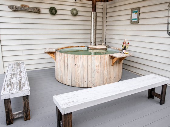 Hot tub set up for a celebration, wide view