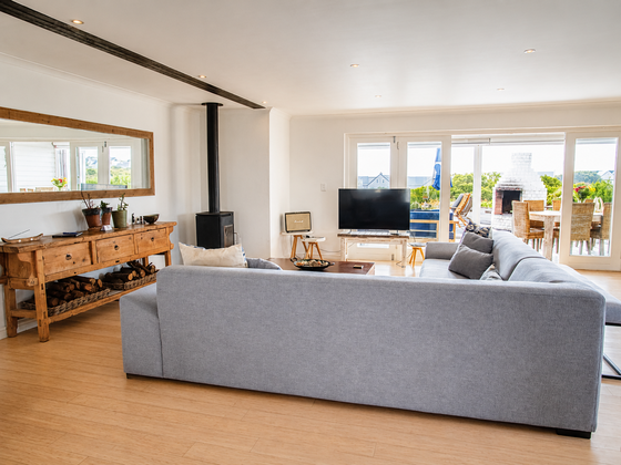 Indoor TV lounge and fireplace, alternate view