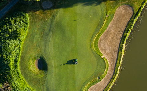 A golf course green beside a sand bunker