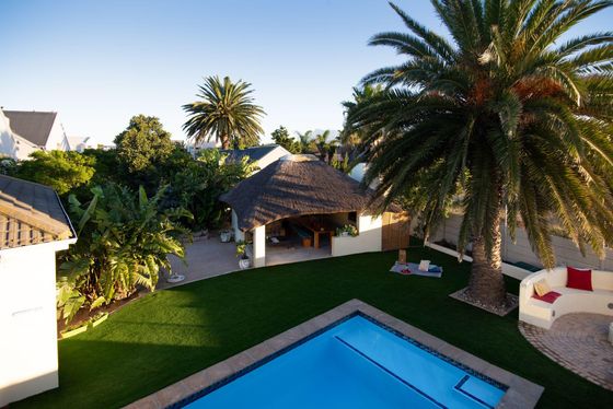 Aerial view of a blue swimming pool, green lawn, palm trees, and a thatched-roof gazebo with outdoor seating.