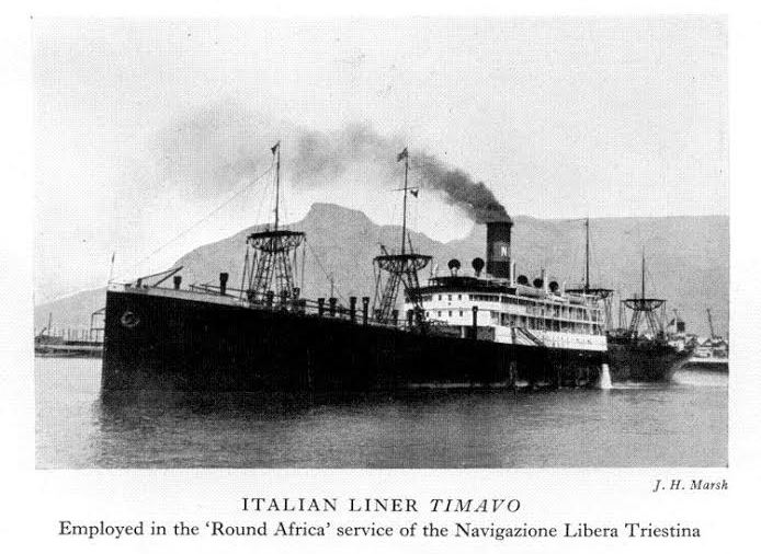 The Timavo was a 7500-ton passenger liner owned by the Italian Loyd Triestino Company. During World War 2, on the morning of 10 June 1940 The Timavo was a 7500-ton passenger liner owned by the Italian Loyd Triestino Company. During World War 2, on the morning of 10 June 1940