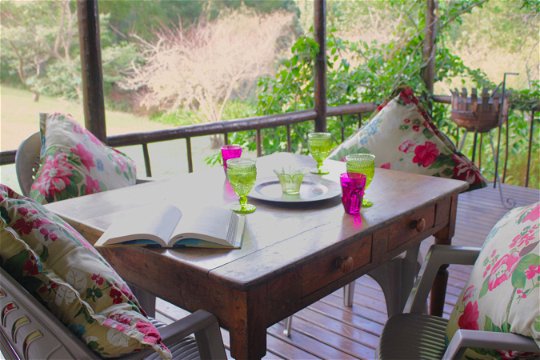 sunny veranda overlooking a charming lily pond