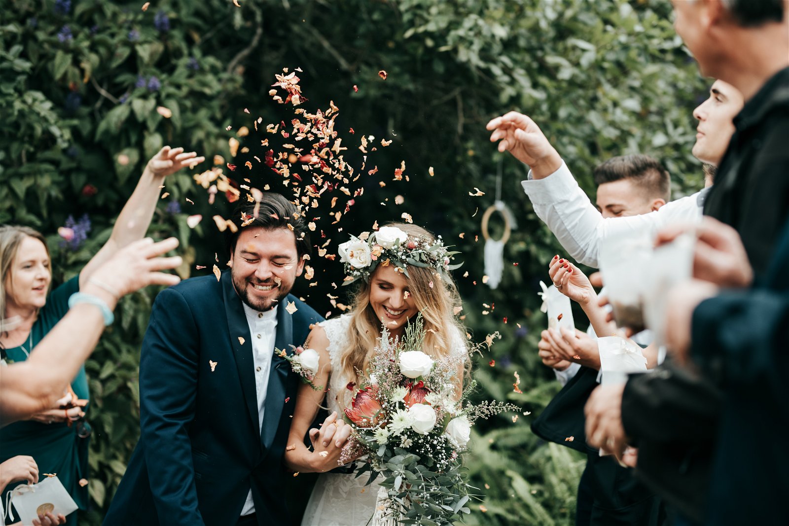 forest wedding vegan eco lodge bride and groom flowers celebration