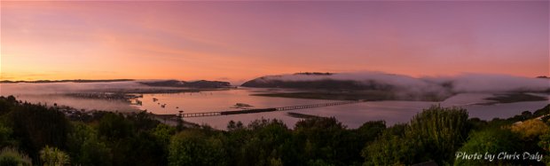 This beautiful sunrise panorama of Knysna Lagoon was photographed from Paradise Found