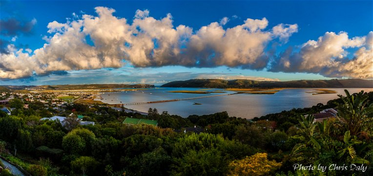 Panoramic view of Knysna Lagoon. Actual view from Paradise Found. Photo by Chris Daly.