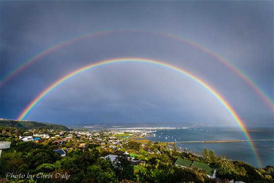 Colourful rainbow over Knysna. Actual view from Paradise Found. Photo by Chris Daly.