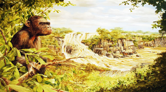 * Artist Geoff Hunter&#39;s interpretation of the early formation of the Victoria Falls, overlooked by an early human ancestor.