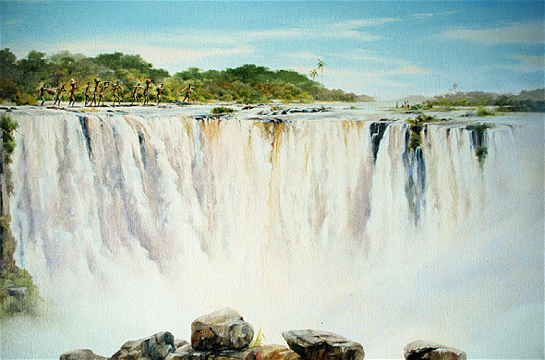 * Artist Geoff Hunter's painting of early traders crossing above the Victoria Falls