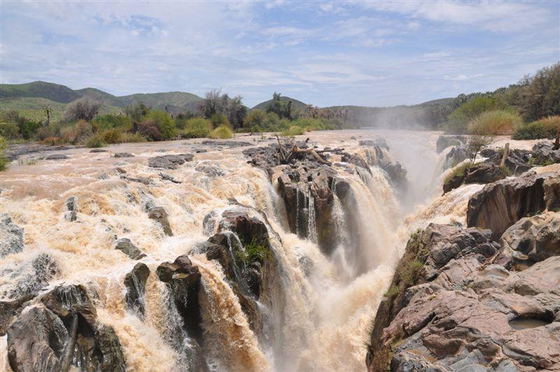 Aerial view over Kunene River and Epupa Falls  from Kapika Waterfall Lodge Kaokoland Namibia