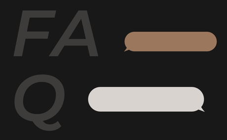 Dark graphic with large grey letters "FA" and "Q" beside a brown speech bubble and a light grey speech bubble.
