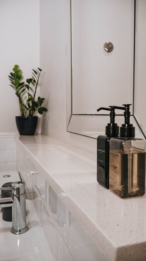 Bathroom vanity with a white stone counter, two black pump bottles of amenities, a chrome tap, and a potted plant.