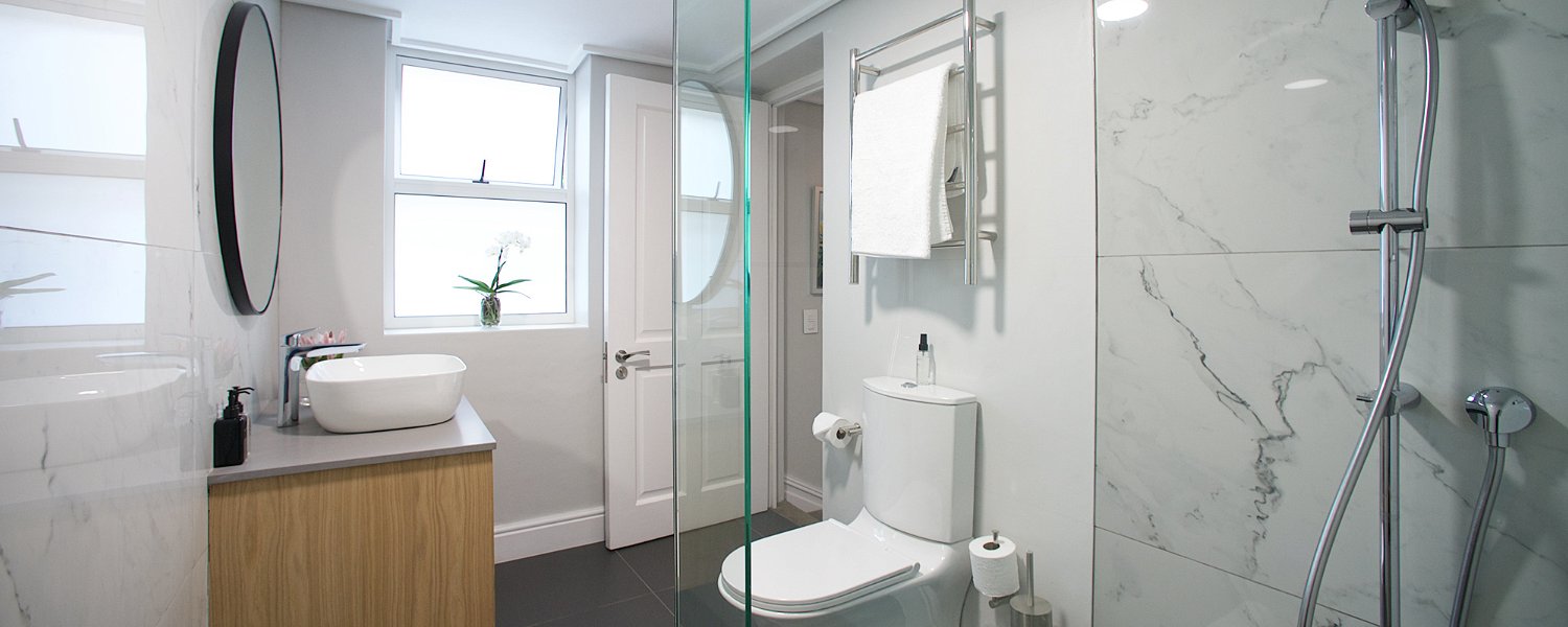 Modern Bathroom, shower, floating wood vanity, Stellenbosch Accommodation