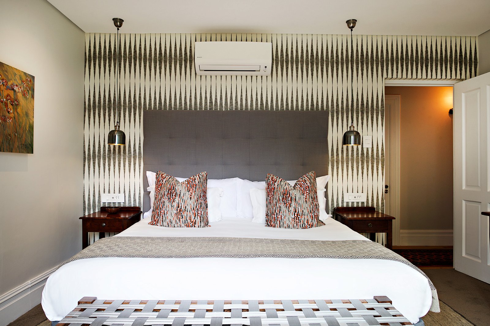 Modern Wallpaper, Stellenbosch accommodation, Bold Wallpaper, button headboard