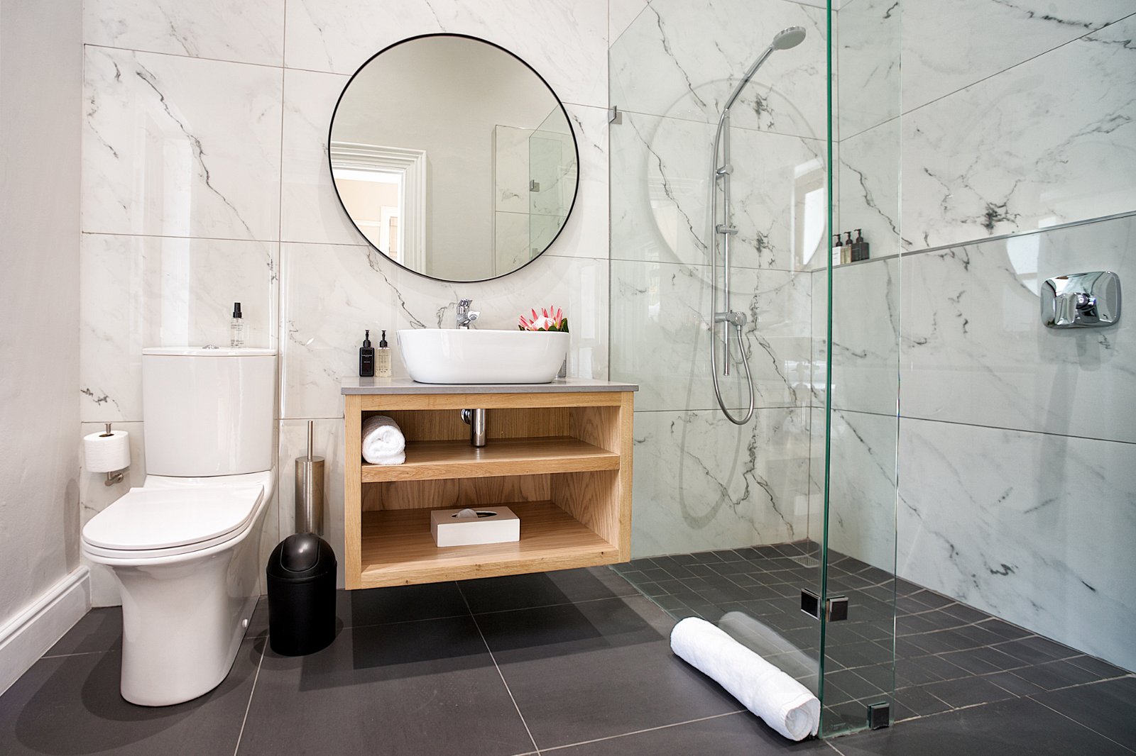 Modern Bathroom, floating vanity, wood and stone top vanity