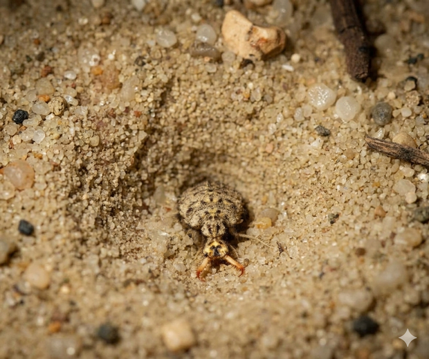 Antlion immerging from den