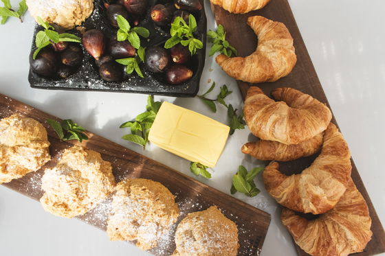 Freshly baked scones and croissants