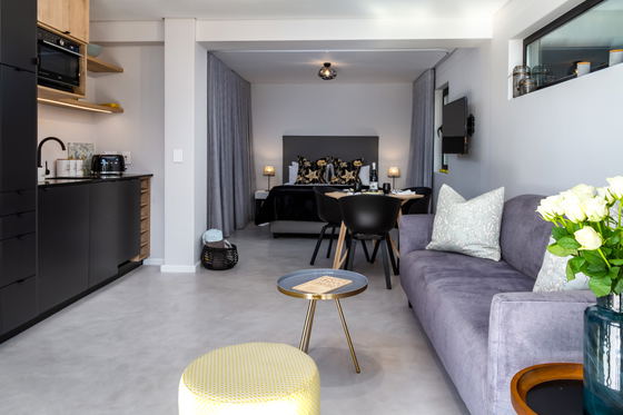 Open plan living and sleeping area
