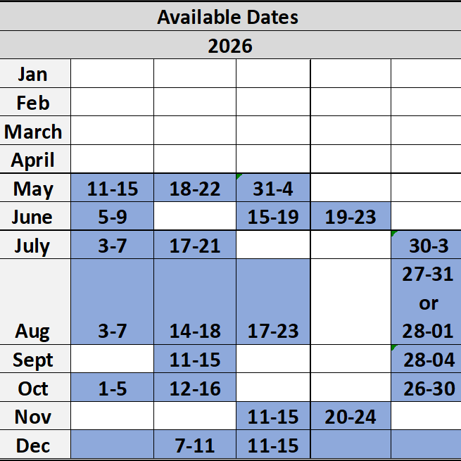 Available dates 2026