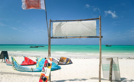 Kite surfing equipment laid out ready to go in Paje