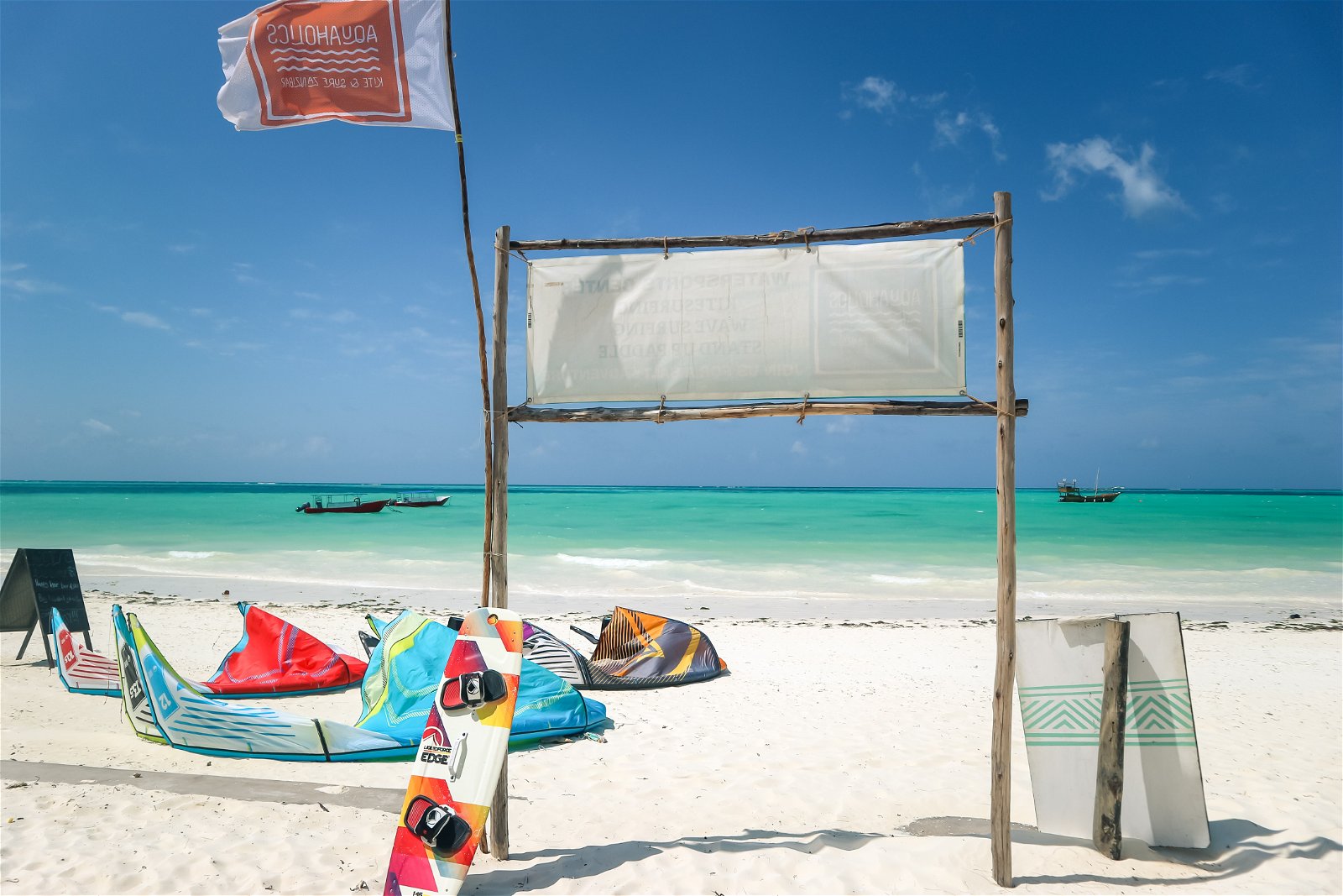 Kite surf equipment on the beach in Paje