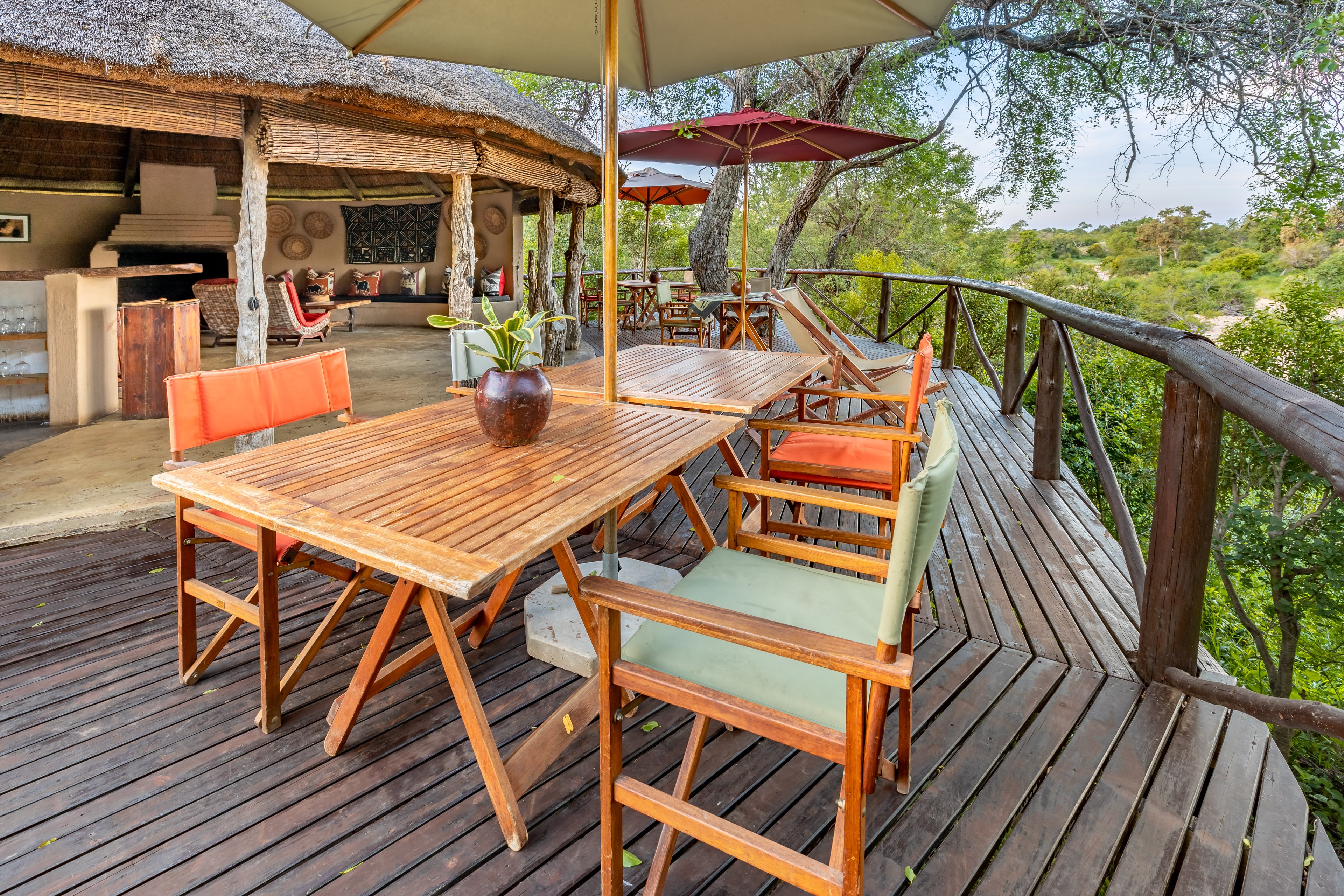 Deck dining overlooking the dry riverbed