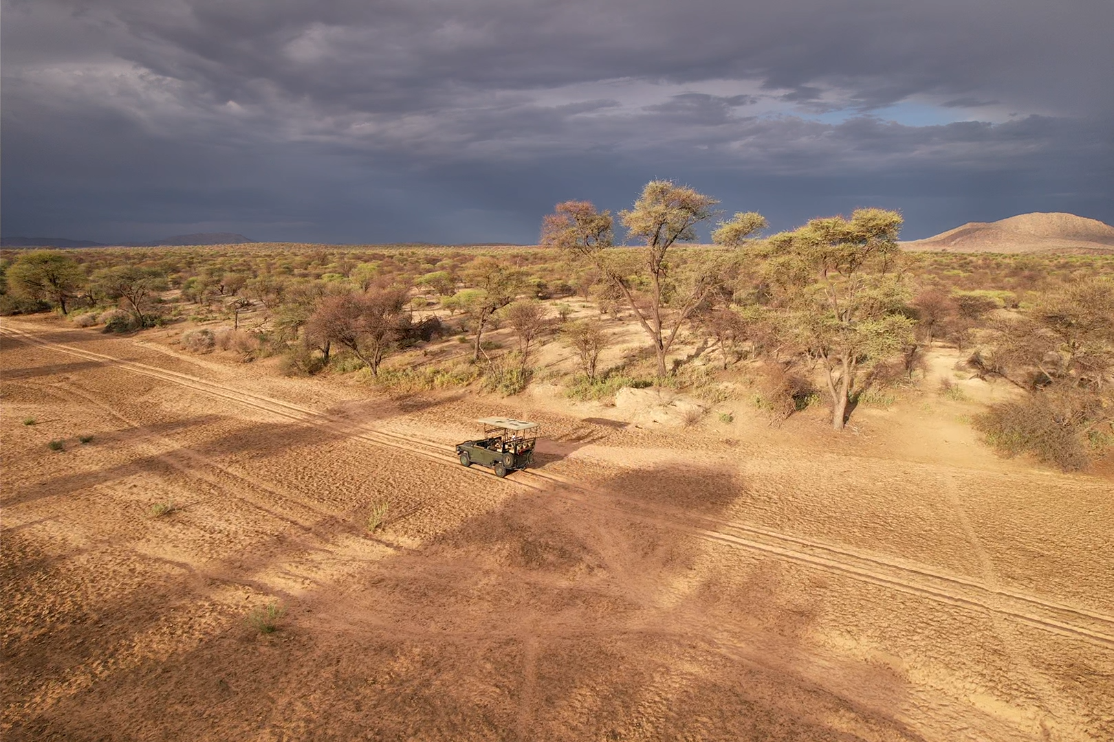 Expansive 9,000-hectare hunting area in Namibia with diverse wildlife, including giraffes, blue wildebeest, and mountain zebras, set against a stunning natural landscape.