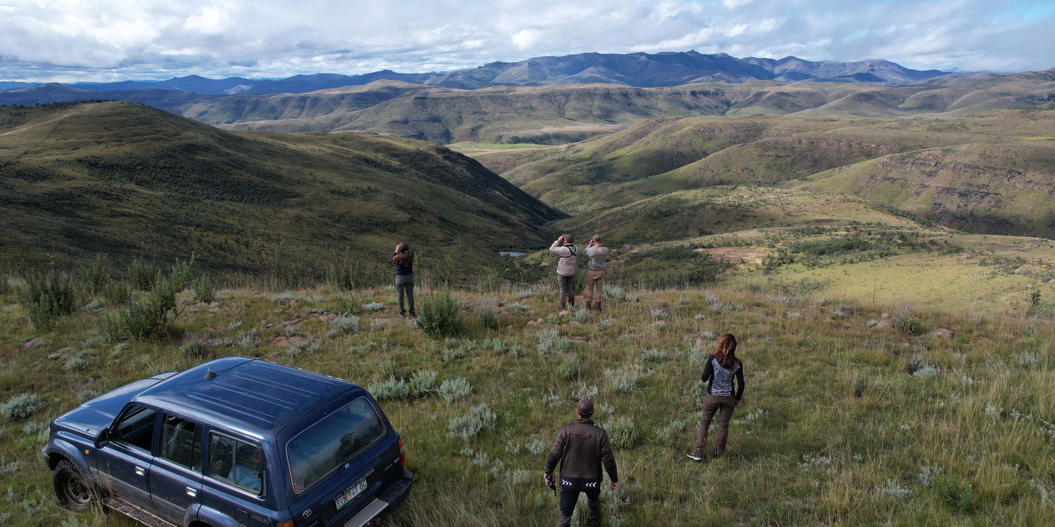 Aerial drone image showing hunters scanning the slopes for game in a pristine, high-altitude free-range hunting area. The rugged mountains, open ridgelines, and sweeping views highlight the unmatched beauty and scale of this wilderness.