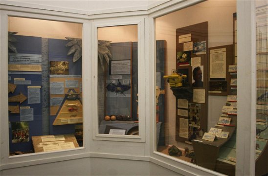 Coelacanth display in the Old Gaol at the Knysna Museum; model of the submarine built by Prof Hans Fricke to film the fish on the right