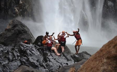 Swimming under the Falls Bundu Adventures Zambia 