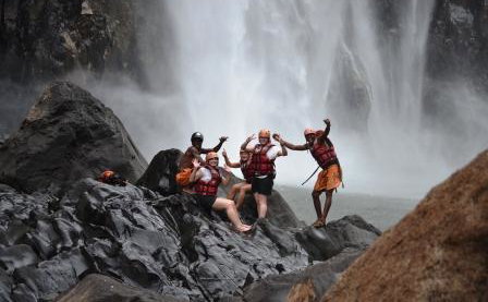 Swimming under the Falls Bundu Adventures Zambia 