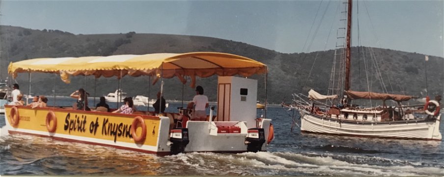 Featherbed Nature Reserve, Knysna: First passenger ferry, Spirit of Knysna, with Martin Hatchuel at the wheel. Featherbed Co.