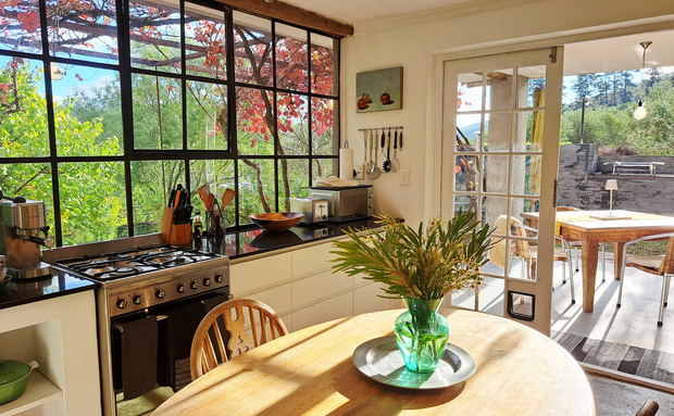 kitchen with views to patio and garden