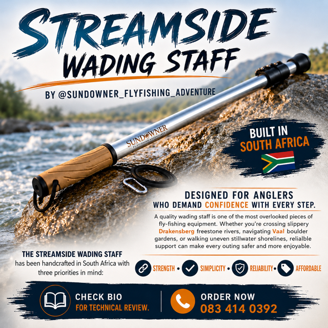 Streamside Wading staff which provides assistance with wading in rivers while fly fishing. Designed and built in South Africa.