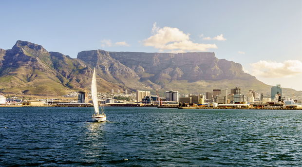 Table Mountain as seen out in the Atlantic sea while on a cruise ship arriving to Cape Town 