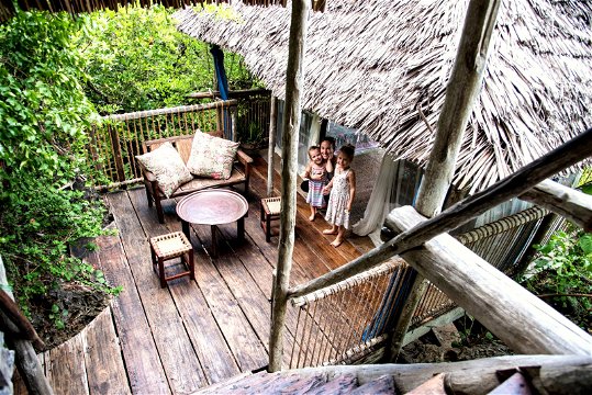 family accommodation in a treehouse lodge hotel on remote chole island of the Tanzanian coast East Africa