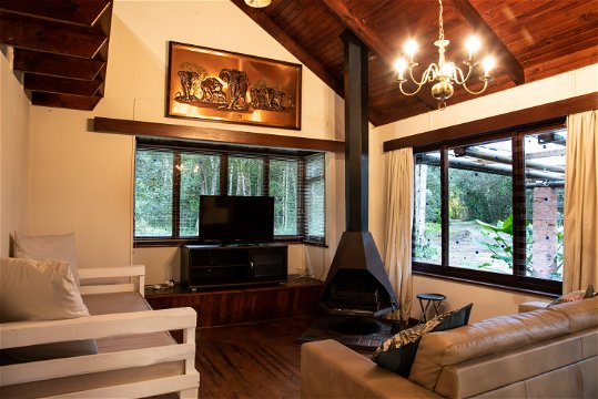 Indoor fireplace with TV including DSTV, Netflix & Showmax in the cosy lounge at The Wooden Forest House