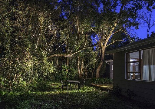 The private Bush Pig Cottage backyard at night along the edge of the forest, ideal for bird watching