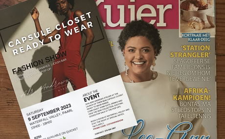 Lee-Ann van Rooi on the cover page of Kuier Magazine wearing Capsule Closet Clothing by Adri Andrews Lee-Ann van Rooi on the cover page of Kuier Magazine wearing Capsule Closet Clothing by Adri Andrews