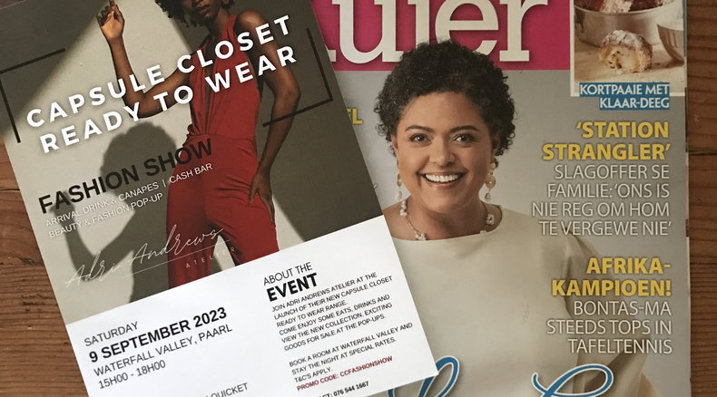 Lee-Ann van Rooi on the cover page of Kuier Magazine wearing Capsule Closet Clothing by Adri Andrews