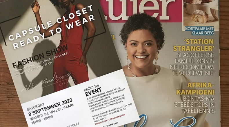 Lee-Ann van Rooi on the cover page of Kuier Magazine wearing Capsule Closet Clothing by Adri Andrews Lee-Ann van Rooi on the cover page of Kuier Magazine wearing Capsule Closet Clothing by Adri Andrews