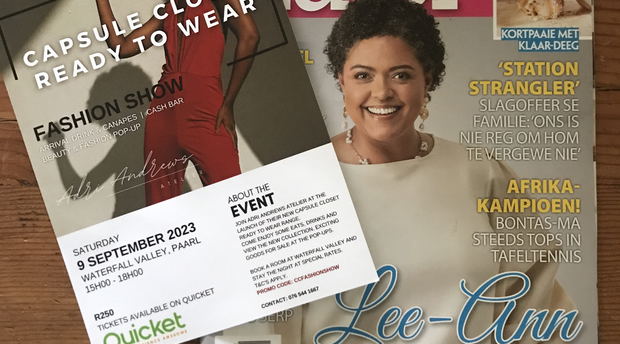 Lee-Ann van Rooi on the cover page of Kuier Magazine wearing Capsule Closet Clothing by Adri Andrews Lee-Ann van Rooi on the cover page of Kuier Magazine wearing Capsule Closet Clothing by Adri Andrews